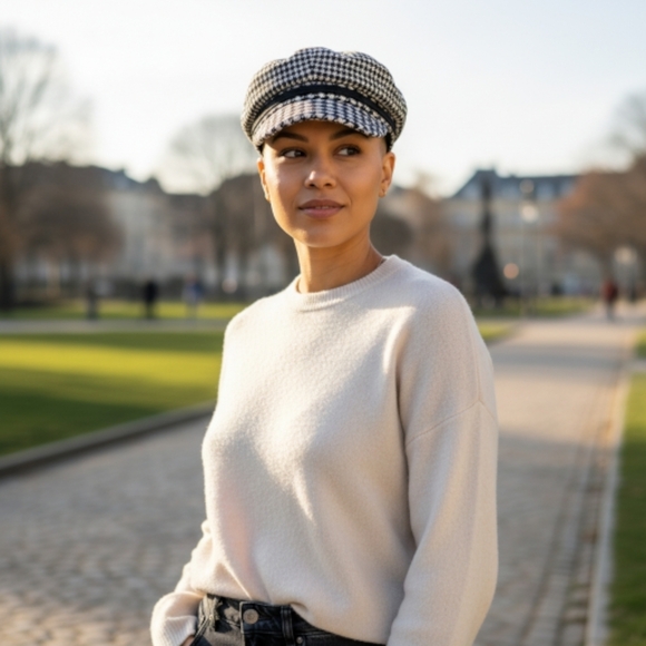 Black & White Houndstooth Baker Boy Cap - Picture 3 of 7